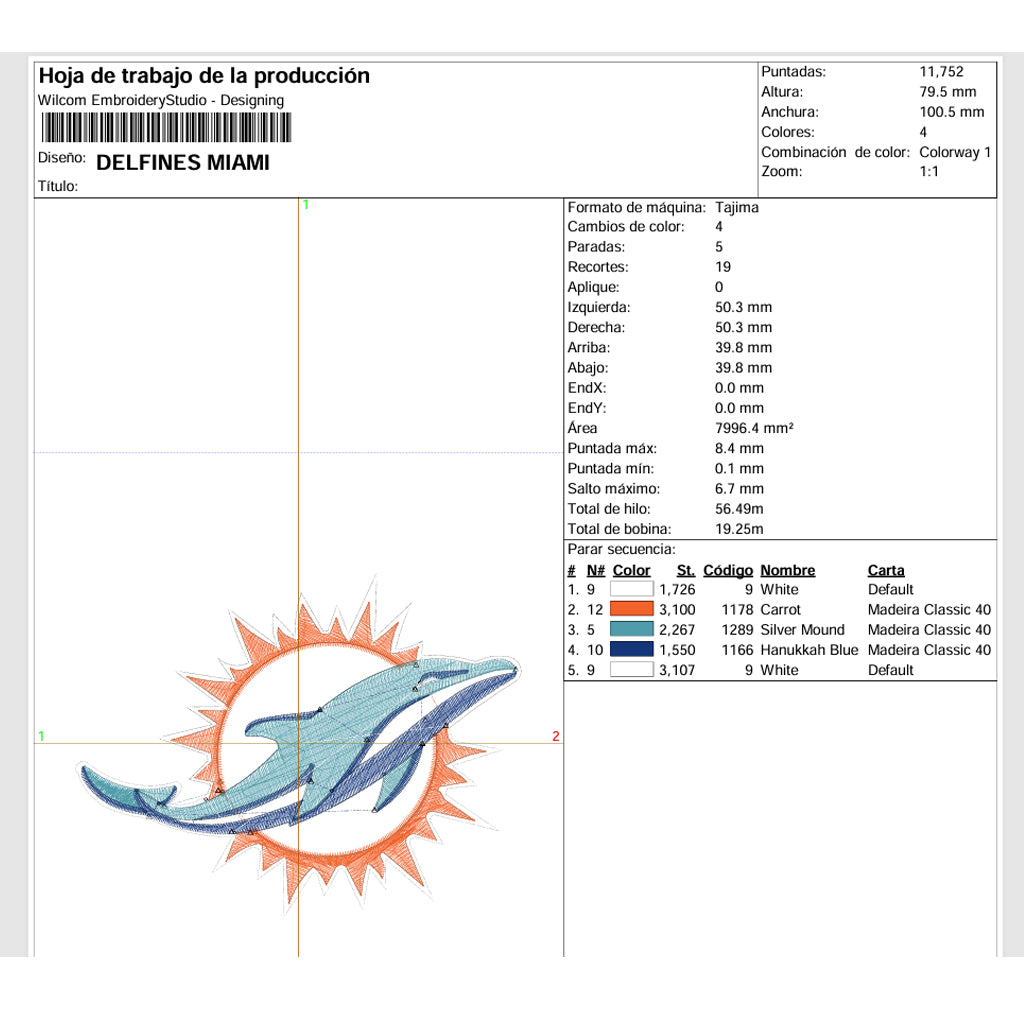 🏈 Matriz de Bordado Ponchado Delfines de Miami (NFL) – 10 × 7.9 cm