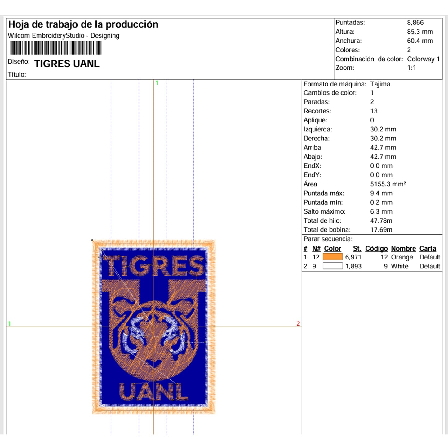 Matriz de Bordado Ponchado Tigres UANL – 8.5 cm